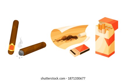 Packet of Cigarettes with Tobacco and Rolled Cigar Vector Set