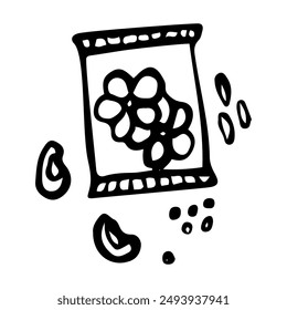 A packet of flower seeds hand drawn in doodle style. Flower bed mixture. Hobby gardening. Growing plants. Vector line art illustration.