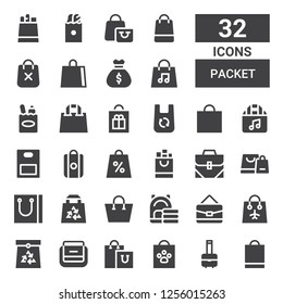packet icon set. Collection of 32 filled packet icons included Shopping bag, Bag, Paper bag
