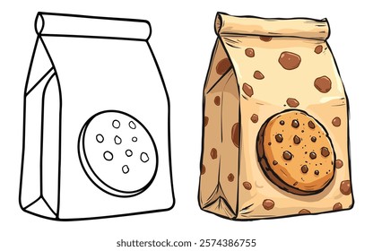 A Packet of Peanut Butter Cookies Line Art Vector Illustration Black and White with Coloring Sample. Bold and Easy Food, Fruits, Sweets, Drinks, Dessert, and Snacks Coloring Pages for Adults and Kids.