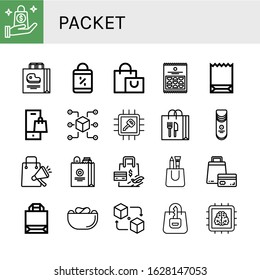 packet simple icons set. Contains such icons as Shopping bag, Crisps, Paper bag, Packet, Chip, can be used for web, mobile and logo