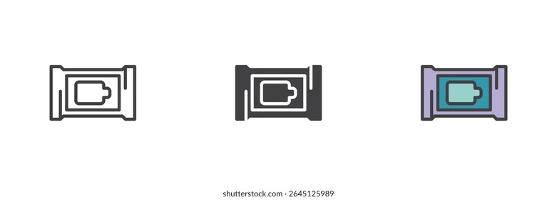 Packet of wet wipes icon in line, solid, and filled outline styles. Personal hygiene product symbol. Cleaning tissue vector icon pack. Sanitary care sign.