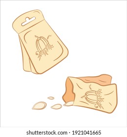 Packets With Pumpkin Seeds, Opened And Whole Packet. The Label Features A Pumpkin. Monochrome Colors. Can Be Used To Design Feature Articles, Posts, In Books, As An Icon And For Infographics 