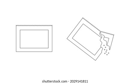 Packets with soluble culinary or medicine powder whole and poured. Outline sachets with sugar, salt or pepper. Editable stroke. Thin line icons. Vector linear illustration. 