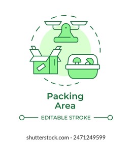 Packing area soft green concept icon. Mushroom farm. Fresh fungi produce. Farm to table mushrooms. Round shape line illustration. Abstract idea. Graphic design. Easy to use in article