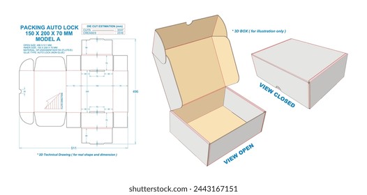 Packing Auto Lock 150 X 200 X 70 mm. 2D Technical Drawing: Real illustrations (File Eps scale 1:1) equipped die cut estimates prepared for production. 3D Box: illustration only.