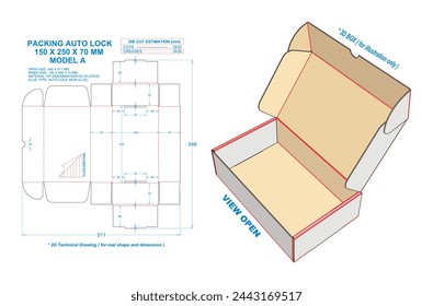 Packing Auto Lock 150 X 250 X 70 mm. 2D Technical Drawing: Real illustrations (File Eps scale 1:1) equipped die cut estimates prepared for production. 3D Box: illustration only.