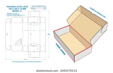 Packing Auto Lock 150 X 300 X 70 mm. 2D Technical Drawing: Real illustrations (File Eps scale 1:1) equipped die cut estimates prepared for production. 3D Box: illustration only.