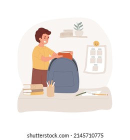 Packing a backpack isolated cartoon vector illustration. Kid packing school backpack, child puts books and textbooks in a schoolbag, family daily routine, get ready for the day vector cartoon.