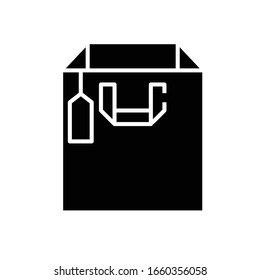 Icono negro de la bolsa de embalaje, ilustración conceptual, símbolo plano vectorial, signo de glifo.