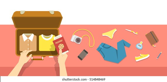 Packing bag for traveling. Travel vacation vector flat illustration. Tourist woman puts in suitcase clothes, shoes, phone, perfume, notebook, toothbrush, camera and passport. Top view retro banner