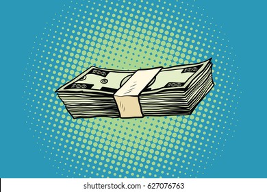 Packing of banknotes one hundred dollars. Pop art retro vector illustration