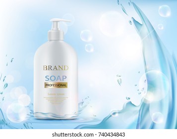 Packing a bottle with hygienic soap. Advertising mock up template. Stock vector illustration.