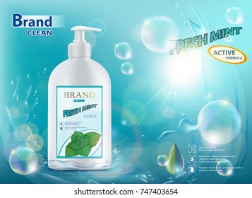Packing a bottle with hygienic soap. A refreshing smell of mint. Advertising mock up template. Stock vector illustration.
