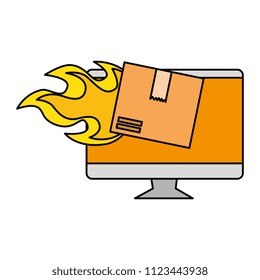 packing box carton with flame in computer