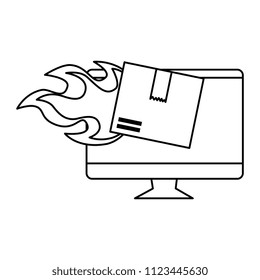 packing box carton with flame in computer