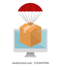 packing box carton with parachute in computer