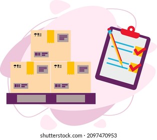 Packing box with checklist and pencil. The concept of fast online logistics delivery. Vector flat illustration.