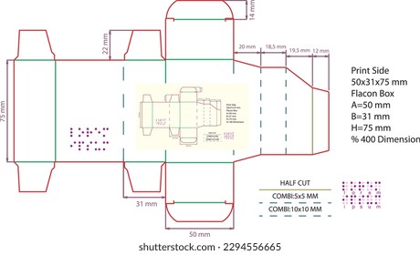 Packing box with dimensions of 50x31x75 mm. For your flacon packaging and other designs