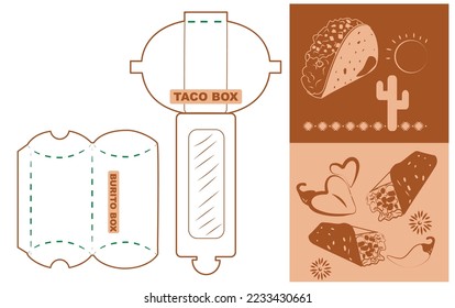 Packing box to go for burritos and tacos with flat illustrations