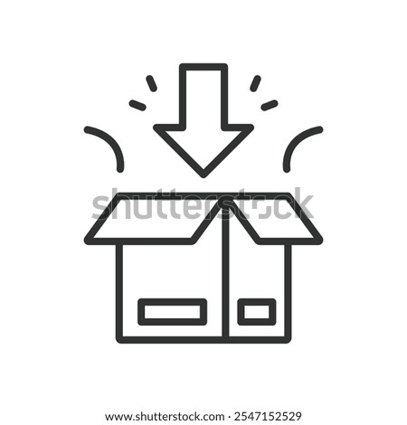 Packing in a box, icon in line design. Packing, box, packaging, logistics, storage, shipping, goods on white background vector. Packing in a box editable stroke icon