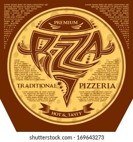 packing box for pizza with inscriptions and emblem
