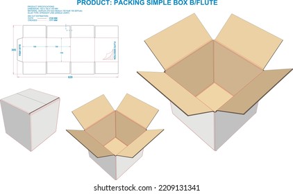 Packing Box Simple B Flute. Dimensions: 150 x 150 x 150 mm (Eps file scale 1:1). 2D: Real illustrations. 3 Dimensions: Illustration only. Equipped die cut estimates prepared for production.