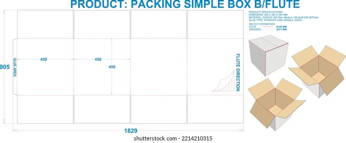 Caja de embalaje simple. Material: B Flauta. Dimensiones: 450 X 450 X 450 MM (escala de archivos Eps 1:1). 2D: Verdaderas ilustraciones. Caja 3D: Sólo ilustración. Estimaciones de tala de tala preparadas para la producción.