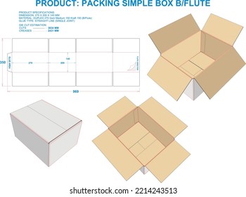 Packing Box Simple. Material: B Flute. Dimensions: 270 X 200 X 145 MM (Eps file scale 1:1). 2D: Real illustrations. 3D Box: Illustration only. Equipped die cut estimates prepared for production.