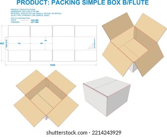 Packing Box Simple. Material: B Flute. Dimensions: 250 X 250 X 150 MM (Eps file scale 1:1). 2D: Real illustrations. 3D Box: Illustration only. Equipped die cut estimates prepared for production.