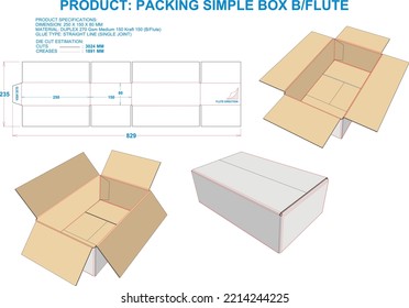 Packing Box Simple. Material: B Flute. Dimensions: 250 X 150 X 80 MM (Eps file scale 1:1). 2D: Real illustrations. 3D Box: Illustration only. Equipped die cut estimates prepared for production.