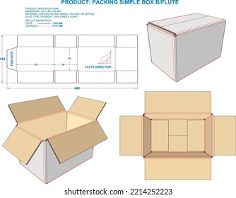 Packing Box Simple. Material: B Flute. Dimensions: 130 X 80 X 80 MM (Eps file scale 1:1). 2D: Real illustrations. 3D Box: Illustration only. Equipped die cut estimates prepared for production.