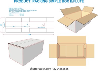 Packing Box Simple. Material: B Flute. Dimensions: 200 X 100 X 80 MM (Eps file scale 1:1). 2D: Real illustrations. 3D Box: Illustration only. Equipped die cut estimates prepared for production.