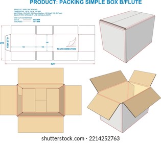 Packing Box Simple. Material: B Flute. Dimensions: 150 X 100 X 100 MM (Eps file scale 1:1). 2D: Real illustrations. 3D Box: Illustration only. Equipped die cut estimates prepared for production.