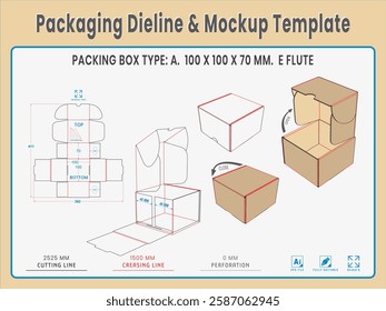 Packing Box Type A. 100 X 100 X 70 MM.  E Flute. Dieline Real Shape and Dimension. Mockup Template. Equipped die cut lengths prepared for production.