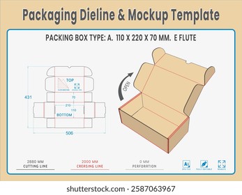 Packing Box Type A. 110 X 210 X 70 MM.  E Flute. Dieline Real Shape and Dimension. Mockup Template. Equipped die cut lengths prepared for production.