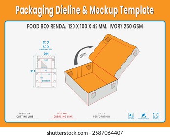 Packing Box Type A. 120 X 100 X 42 MM.  E Flute. Dieline Real Shape and Dimension. Mockup Template. Equipped die cut lengths prepared for production.