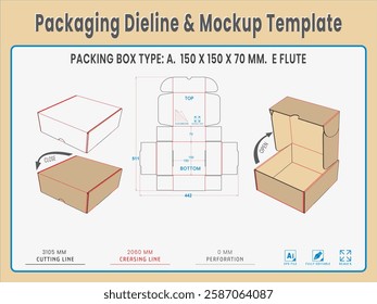 Packing Box Type A. 150 X 150 X 70 MM.  E Flute. Dieline Real Shape and Dimension. Mockup Template. Equipped die cut lengths prepared for production.