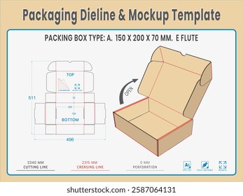 Packing Box Type A. 150 X 200 X 70 MM.  E Flute. Dieline Real Shape and Dimension. Mockup Template. Equipped die cut lengths prepared for production.