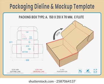 Packing Box Type A. 150 X 210 X 70 MM.  E Flute. Dieline Real Shape and Dimension. Mockup Template. Equipped die cut lengths prepared for production.