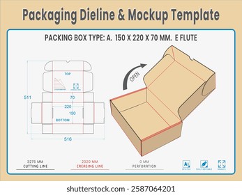 Packing Box Type A. 150 X 220 X 70 MM.  E Flute. Dieline Real Shape and Dimension. Mockup Template. Equipped die cut lengths prepared for production.