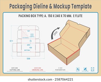 Packing Box Type A. 150 X 240 X 70 MM.  E Flute. Dieline Real Shape and Dimension. Mockup Template. Equipped die cut lengths prepared for production.