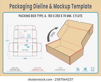 Packing Box Type A. 150 X 250 X 70 MM.  E Flute. Dieline Real Shape and Dimension. Mockup Template. Equipped die cut lengths prepared for production.