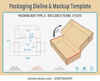 Packing Box Type A. 150 X 300 X 70 MM.  E Flute. Dieline Real Shape and Dimension. Mockup Template. Equipped die cut lengths prepared for production.