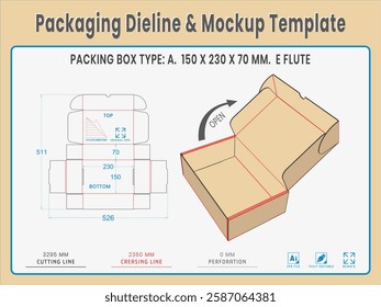 Packing Box Type A. 150 X 230 X 70 MM.  E Flute. Dieline Real Shape and Dimension. Mockup Template. Equipped die cut lengths prepared for production.