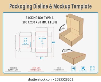 Packing Box Type A. 200 X 200 X 70 MM.  E Flute. Dieline Real Shape and Dimension. Mockup Template. Equipped die cut lengths prepared for production.