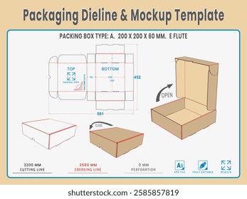 Packing Box Type A. 200 X 200 X 60 MM.  E Flute. Dieline Real Shape and Dimension. Mockup Template. Equipped die cut lengths prepared for production.