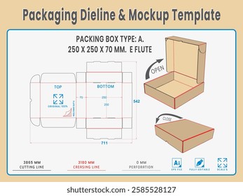 Packing Box Type A. 250 X 250 X 70 MM.  E Flute. Dieline Real Shape and Dimension. Mockup Template. Equipped die cut lengths prepared for production.