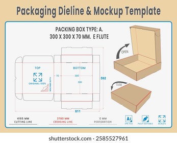 Packing Box Type A. 300 X 300 X 70 MM.  E Flute. Dieline Real Shape and Dimension. Mockup Template. Equipped die cut lengths prepared for production.