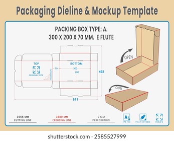 Packing Box Type A. 300 X 200 X 70 MM.  E Flute. Dieline Real Shape and Dimension. Mockup Template. Equipped die cut lengths prepared for production.